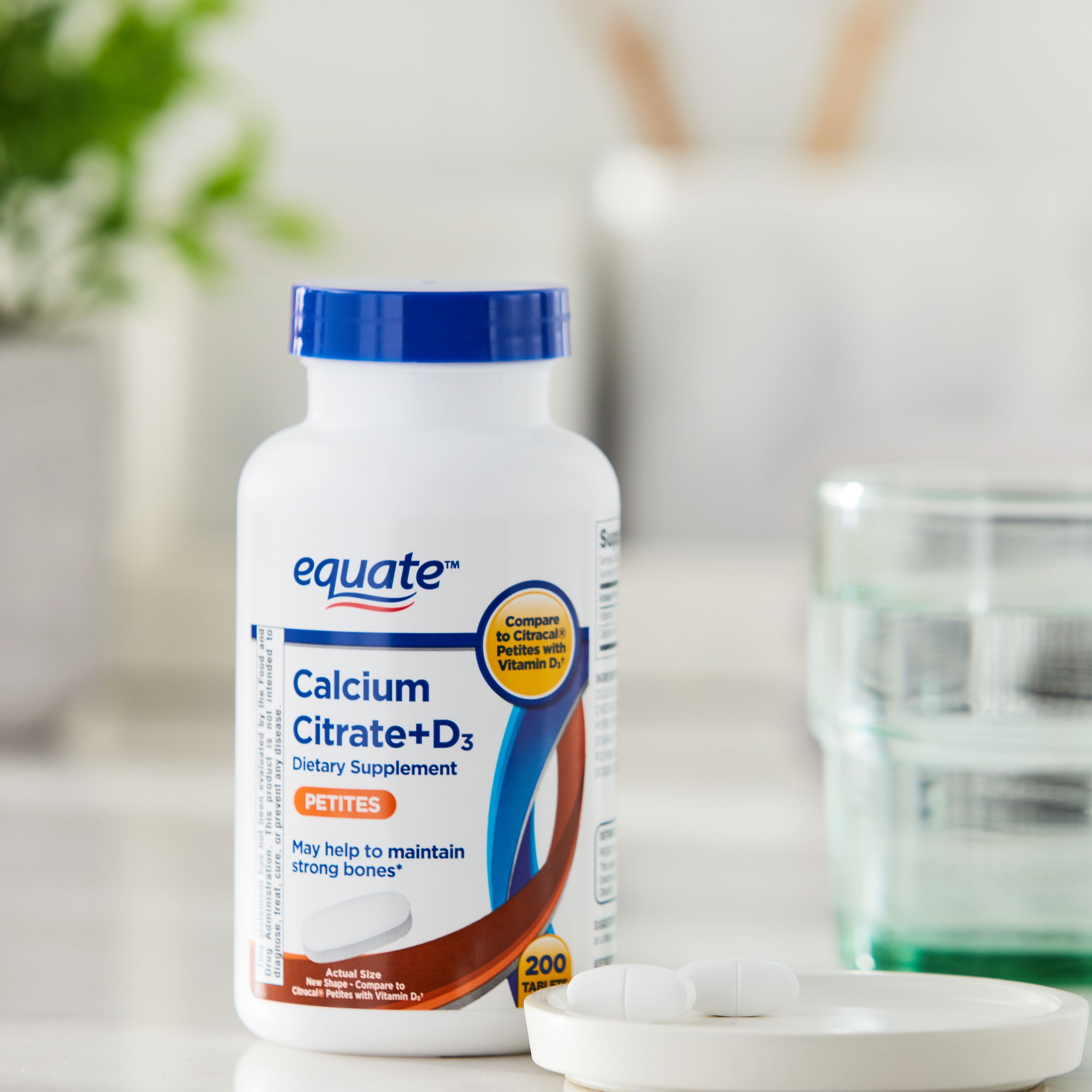 (3 pack) Equate Calcium Citrate + D3 Petites Tablets Dietary Supplement, 200 Count, Compare to Citracal® Petites with Vitamin D3