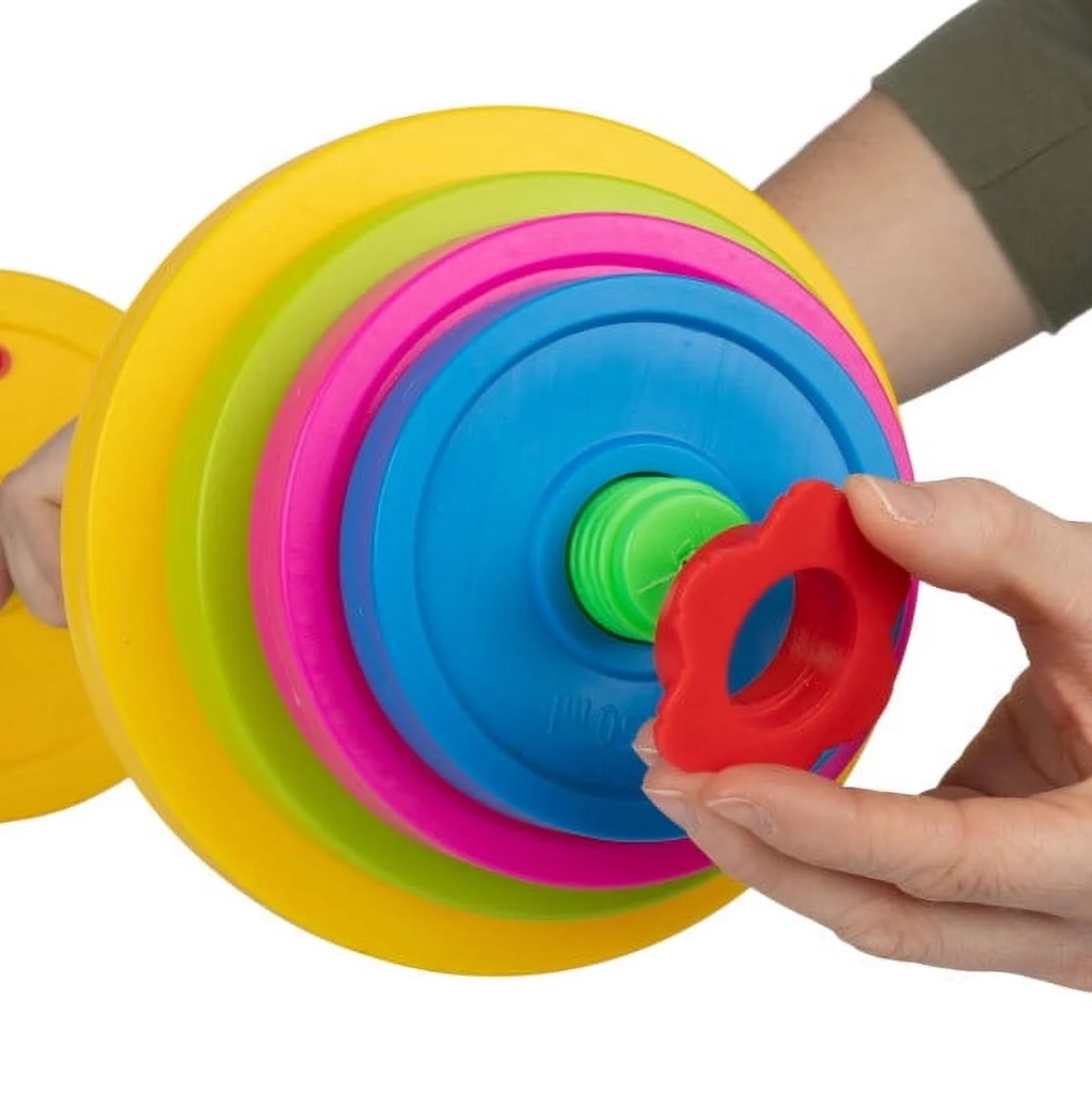 Toys+ Kids Play Barbell Set, 32 Inch Adjustable Rainbow Weight, Pretend Exercise Equipment