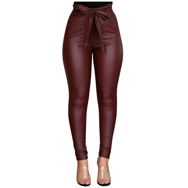 Women's Skinny Leather Pants High Waisted Solid Color Stretch Push Up  Leggings Casual Slim Fit Tights with Belt 