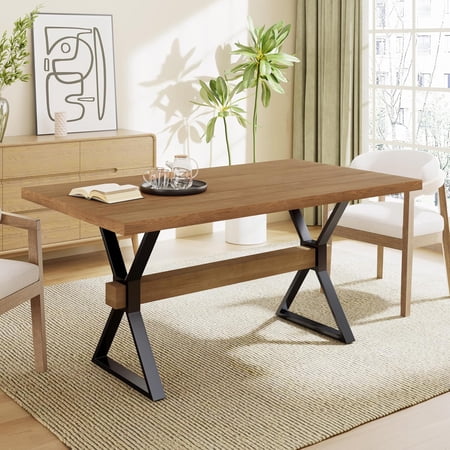 LJAN 63 Inch Dining Table for 6 People Modern Farmhouse Kitchen Table with X-Shaped Metal Legs Rectangular Dinner Furniture for Dining Room Home Office