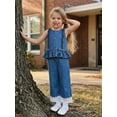 thumbnail image 3 of BemeyourBBs 2Pcs Kids Toddler Baby Girl Denim Outfits Summer Clothes Sleeveless Bow Decor Ruffle Denim Tank Tops Lace Trim Wide Legs Jeans Pants Set, 3 of 8