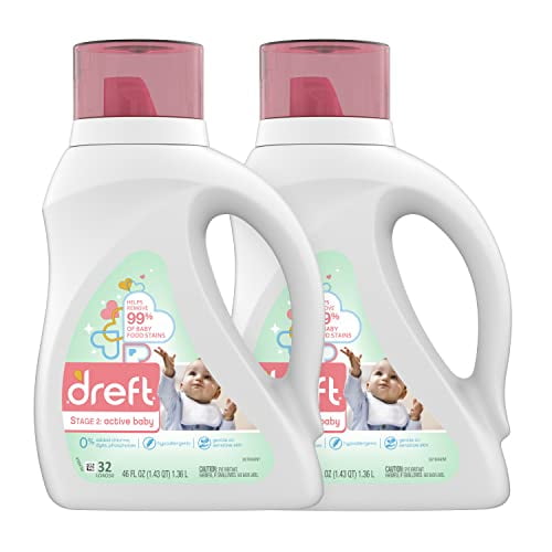 Dreft Stage 2: Baby Laundry Detergent Liquid Soap, Natural for Newborn, or Infant, HE, 64 Total Loads (Pack of 2) - Unscented and Hypoallergenic for Sensitive Skin