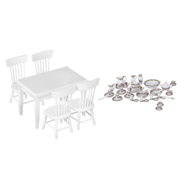 Set de 1/12 40pcs Vajilla dePorcelana y 5pcs Muebles de Comedor de Muñeca