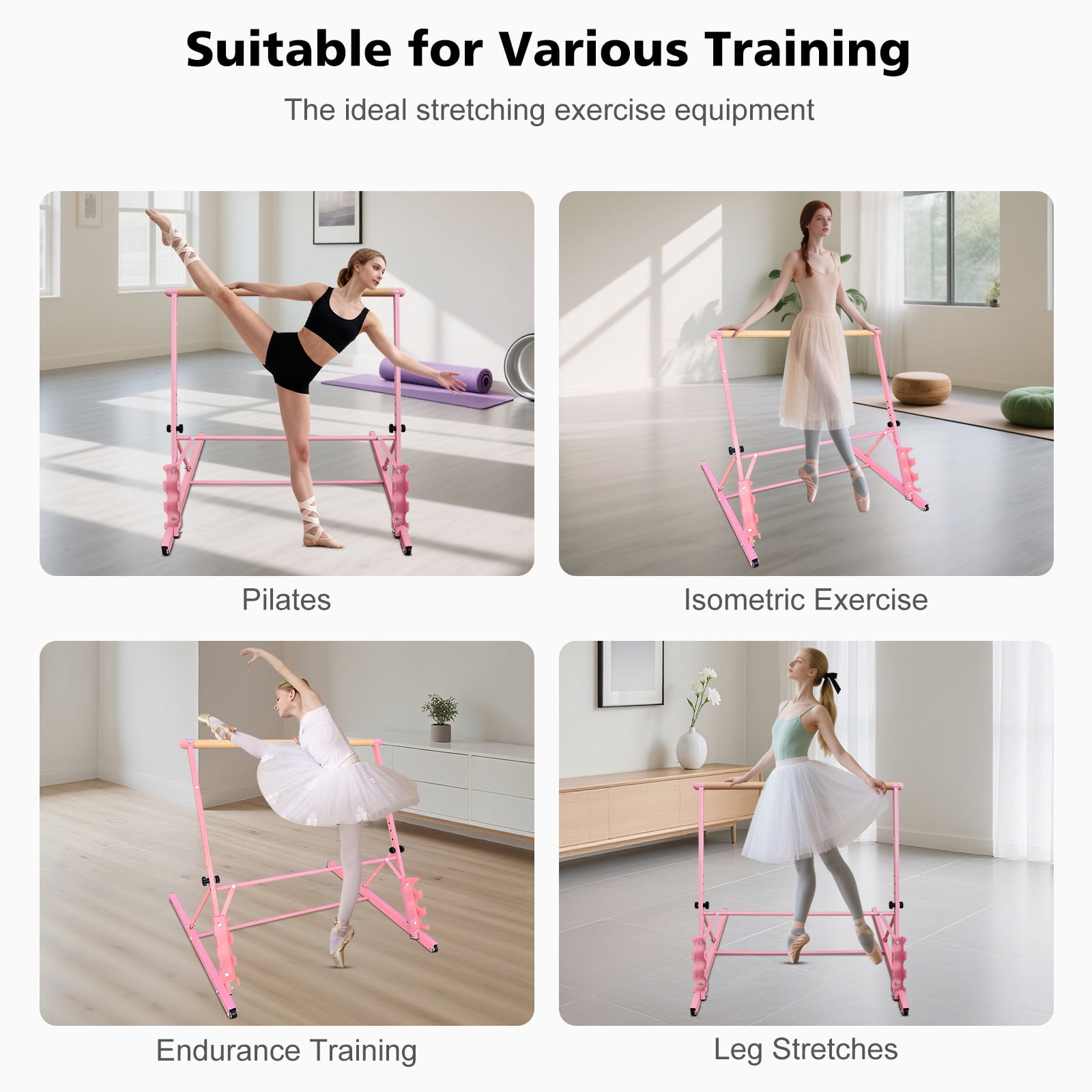 Solid Wood Ballet Barre 3.5FT with Adjustable Height 31.5-39.5 Inches, Portable Dance Practice Barre with Wheels for Home, Studio, Adjustable, Pink