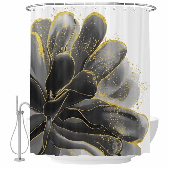 Black Grey Shower Curtain, Waterproof Shower Curtains for Bathroom, Vintage Gold Ink Floral Chinese Painting Washable Fabric Bathtub Curtain Set Bath Decor with 12 Hooks Stall 36"x72"