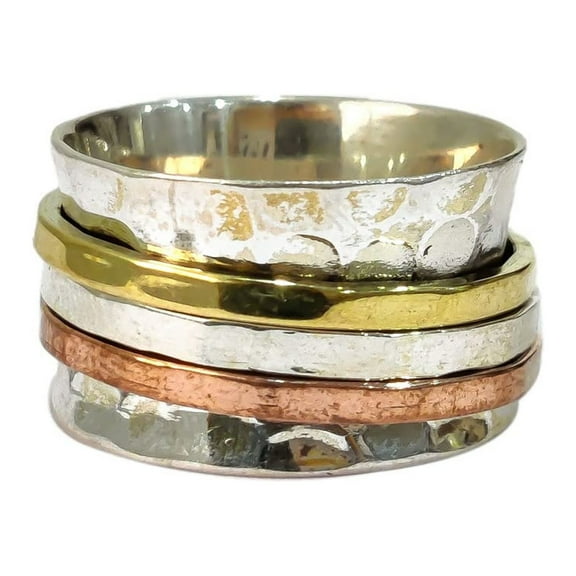 Spinner Band, Bohemian Ring, 925 Sterling Silver Ring, Spinning Thumb Ring, Three Tone Ring, Fidget Ring, Handmade Jewelry, Christmas Oxidized, Brass Copper Band, Anxiety Ring, Mans Band Gifts