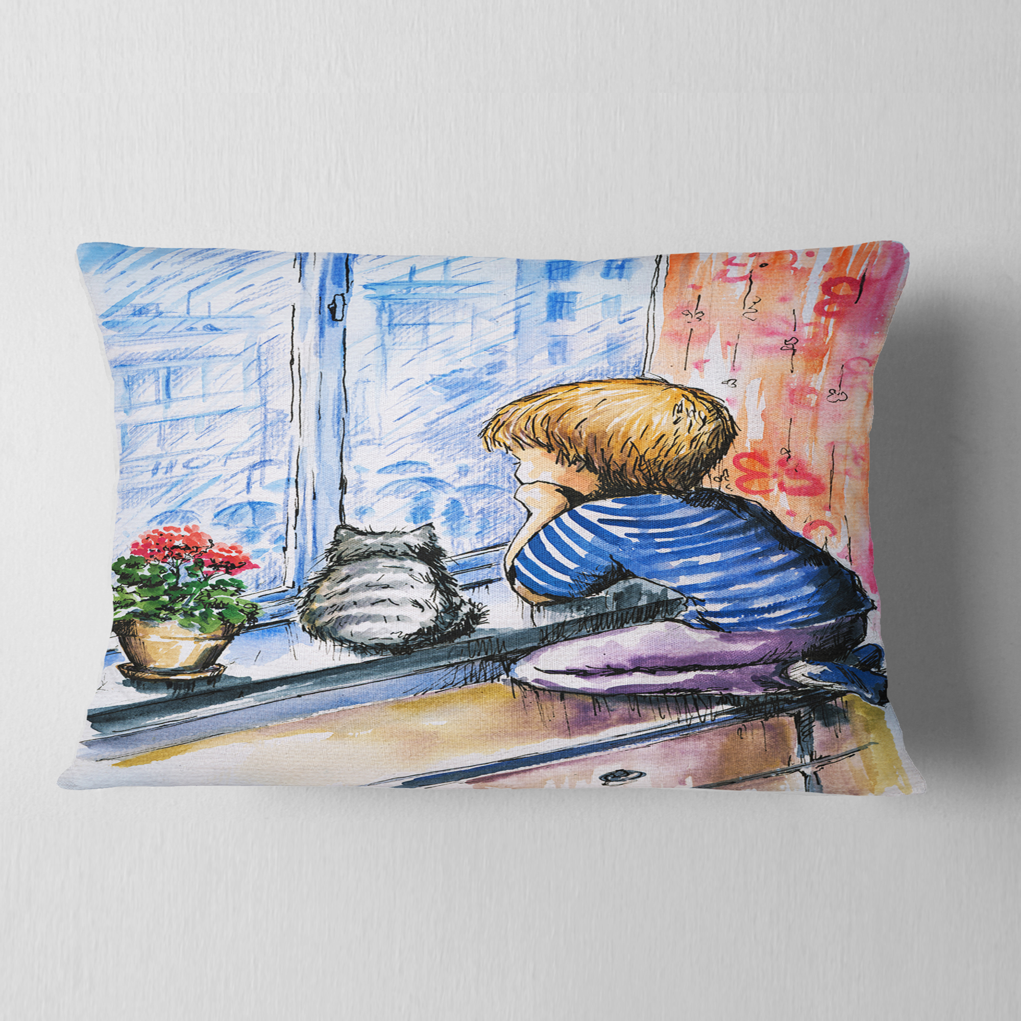 Designart Little Boy and Cat Watching City - Modern Portrait Throw Pillow - 12x20