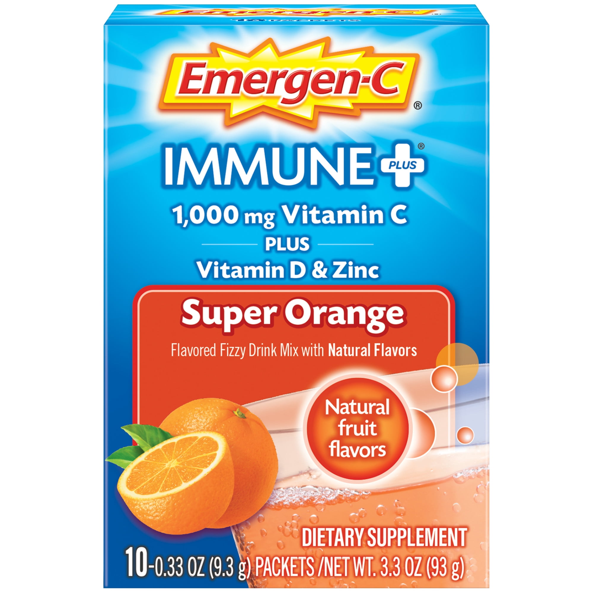 Emergen-C Immune Plus Vitamin C Supplement for Immune Support, Super Orange, 10 Ct