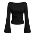 thumbnail image 5 of ZDNIXIAN Women Off Shoulder Long Sleeve Basic Tops Ribbed Knit Slim Fitted Blouse, Elegant Boat Neck Form Fitting Shirt, Stretchy Soft Casual Long Sleeve Tees, 5 of 7
