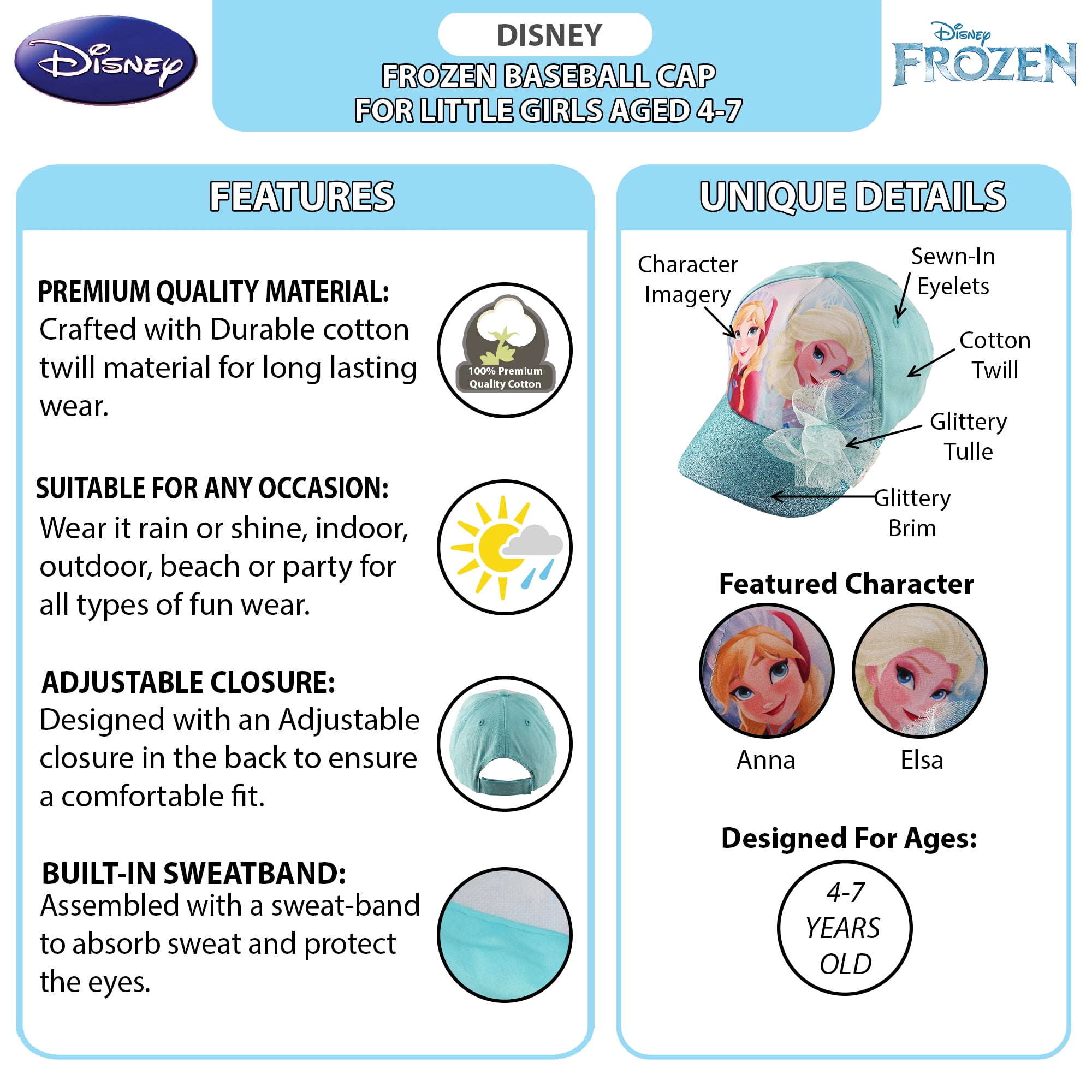 New Official Licenced Character Frozen Disney Assemble Baseball Sun Cap Hat for Boys Girls