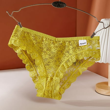 

Panties For Women Lace Panties Mid Waist Breathable Hollow Mesh Cotton Crotch Briefs Yellow XL 3pcs