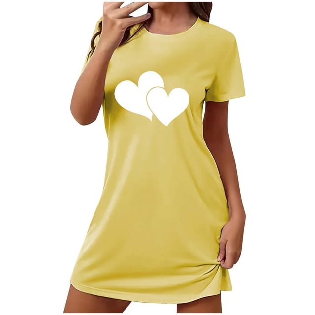 Pyjamas pour Femmes Été Chemise de Nuit à Manches Courtes Vêtements de Nuit Confortables Chemises de Nuit Imprimées Col Rond Tee Robe de Nuit Douce Ample Pyjamas Robe Jaune P