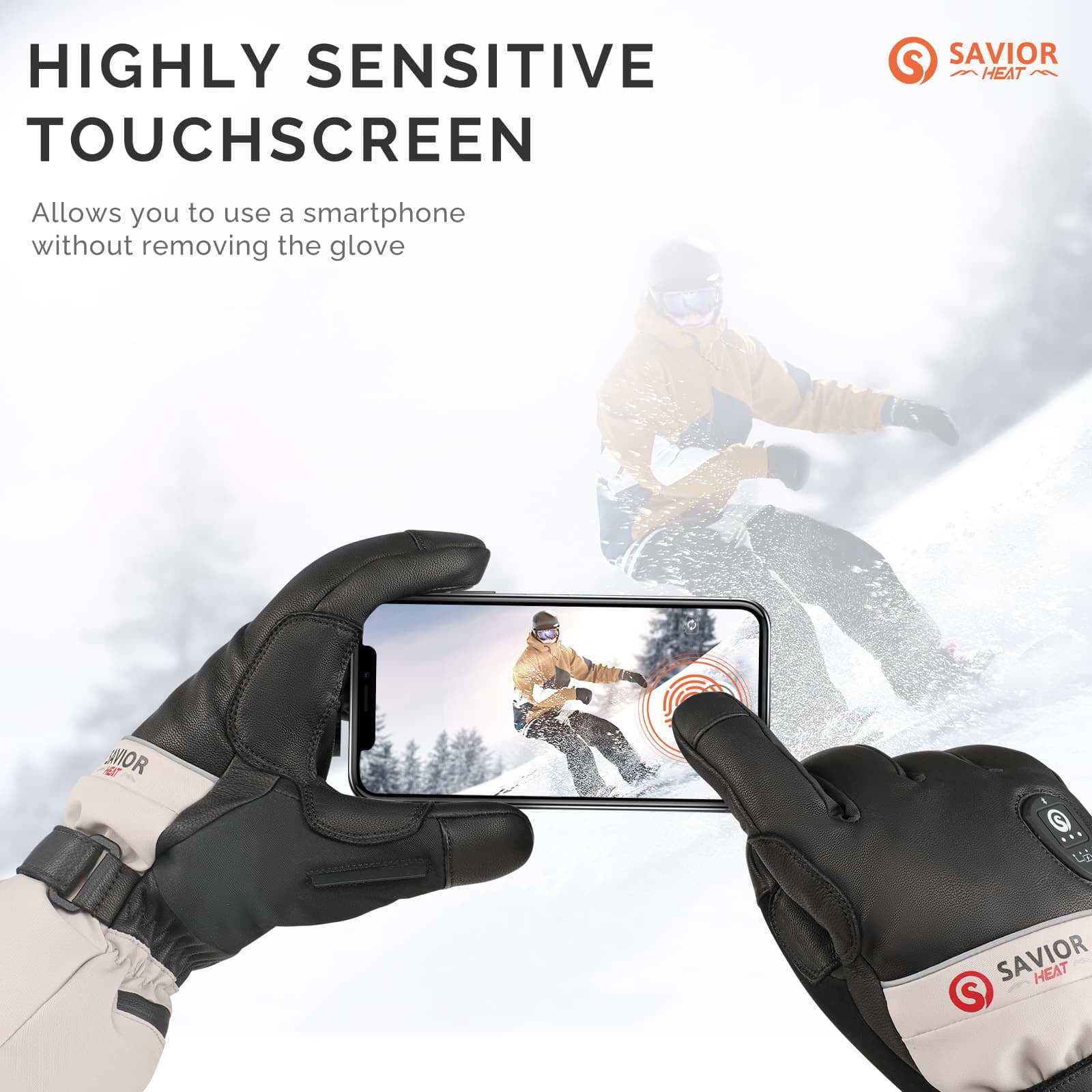 Savior Heated Ski Gloves 2.0 Upgraded Bluetooth Control, Pre-Curved Fingers Waterproof Goatskin