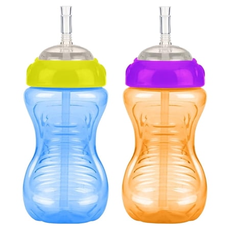 Nuby 2-Pack 10 Ounce No-Spill Cup with Flexi Straw, Blue/Orange
