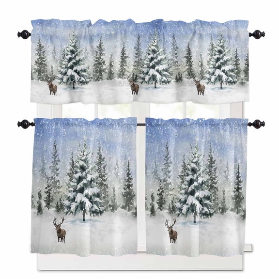 Christmas Kitchen Curtains and Valances Set, Deer Snowflakes Snow Christmas Tree Rod Pocket Window Valance 18 Inch Window Curtain Panels for Living Room Bedroom Laundry, 27.5x24in, 3 Pieces