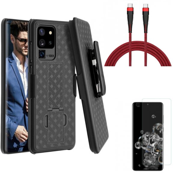 Case Belt Clip w 10ft PD Cable w Screen Protector for Samsung Galaxy S20 Ultra - Holster Swivel Cover, Type-C to USB-C Charger Cord Power, Tempered Glass [Fingerprint Unlock] 3D fits Galaxy S20 Ultra