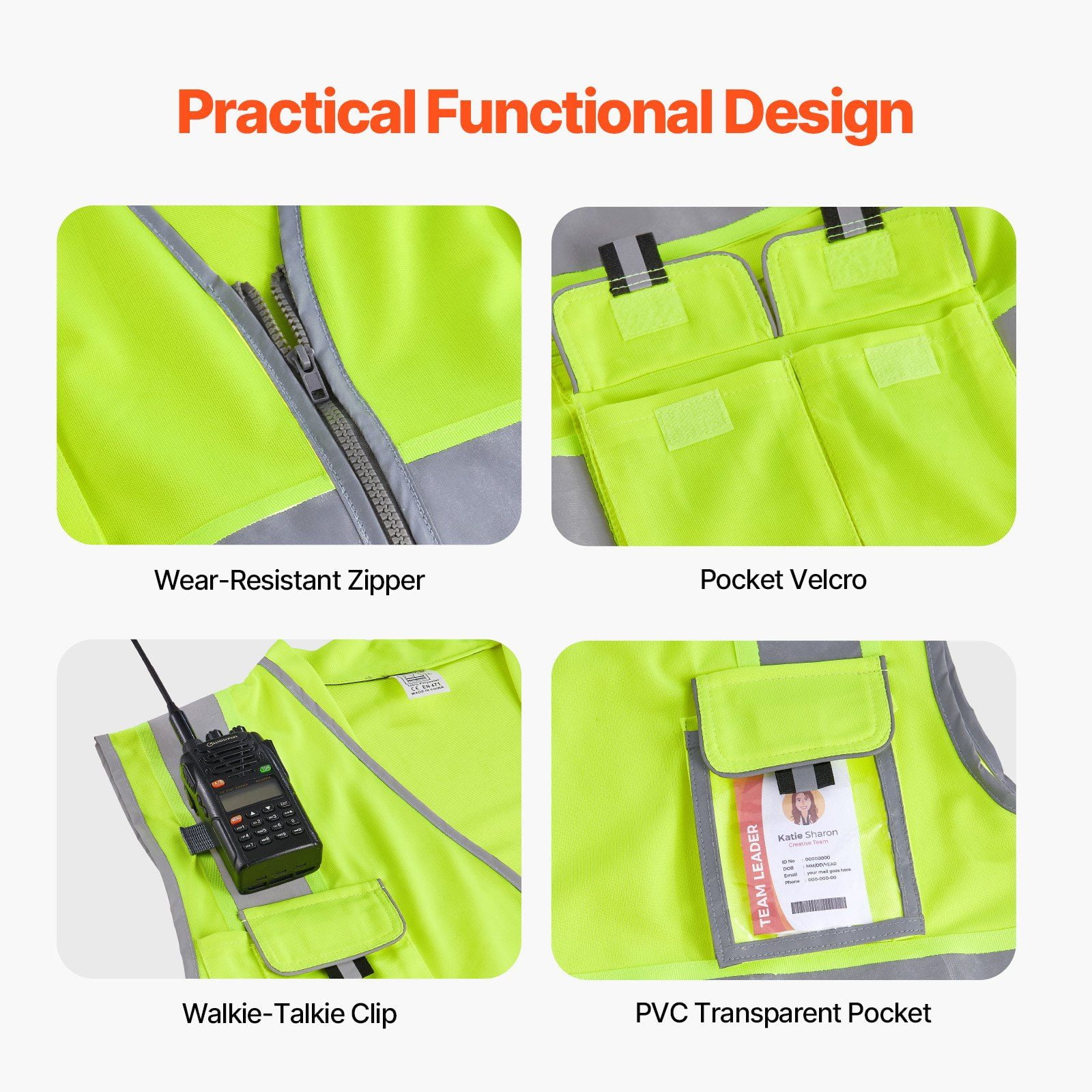 Heavy-Duty Reflective Work Vest with 10 Pockets, High Visibility Yellow for Construction & Security