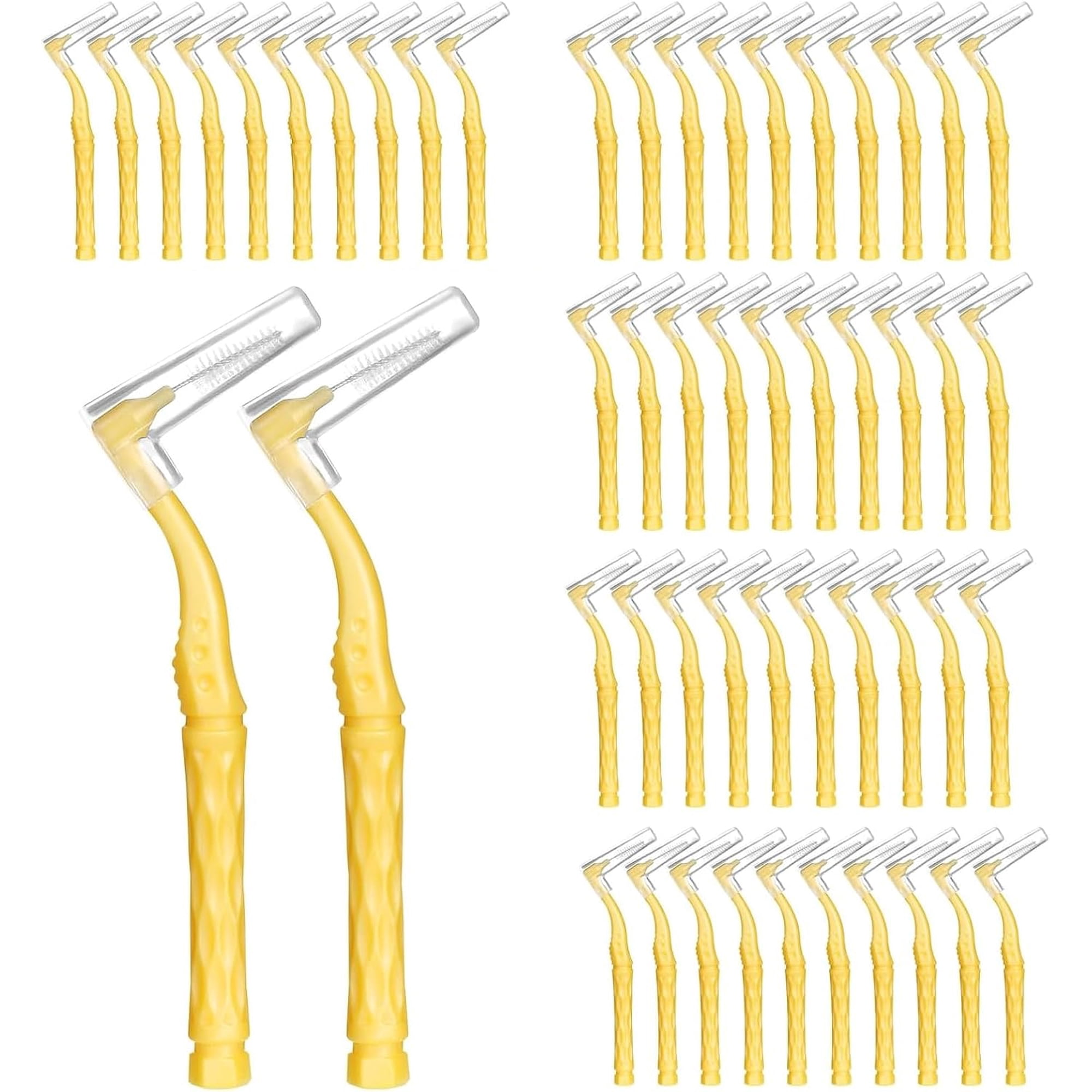 Yellow Interdental Brushes for Teeth Cleaning - 50pcs 1-1.2mm Soft Dental Floss Brushes with Non-Slip Handle Angled Head - Tooth Floss Sticks for Clean Interdental Gaps, Remove Food Debris