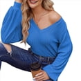 thumbnail image 2 of Blusa de Larga con Cuello en V para Mujer, Estilo Farol, Elegante, Informal, de Punto Acanalado, Corte Holgado, Otoño 2025 Azul XL, 2 of 8