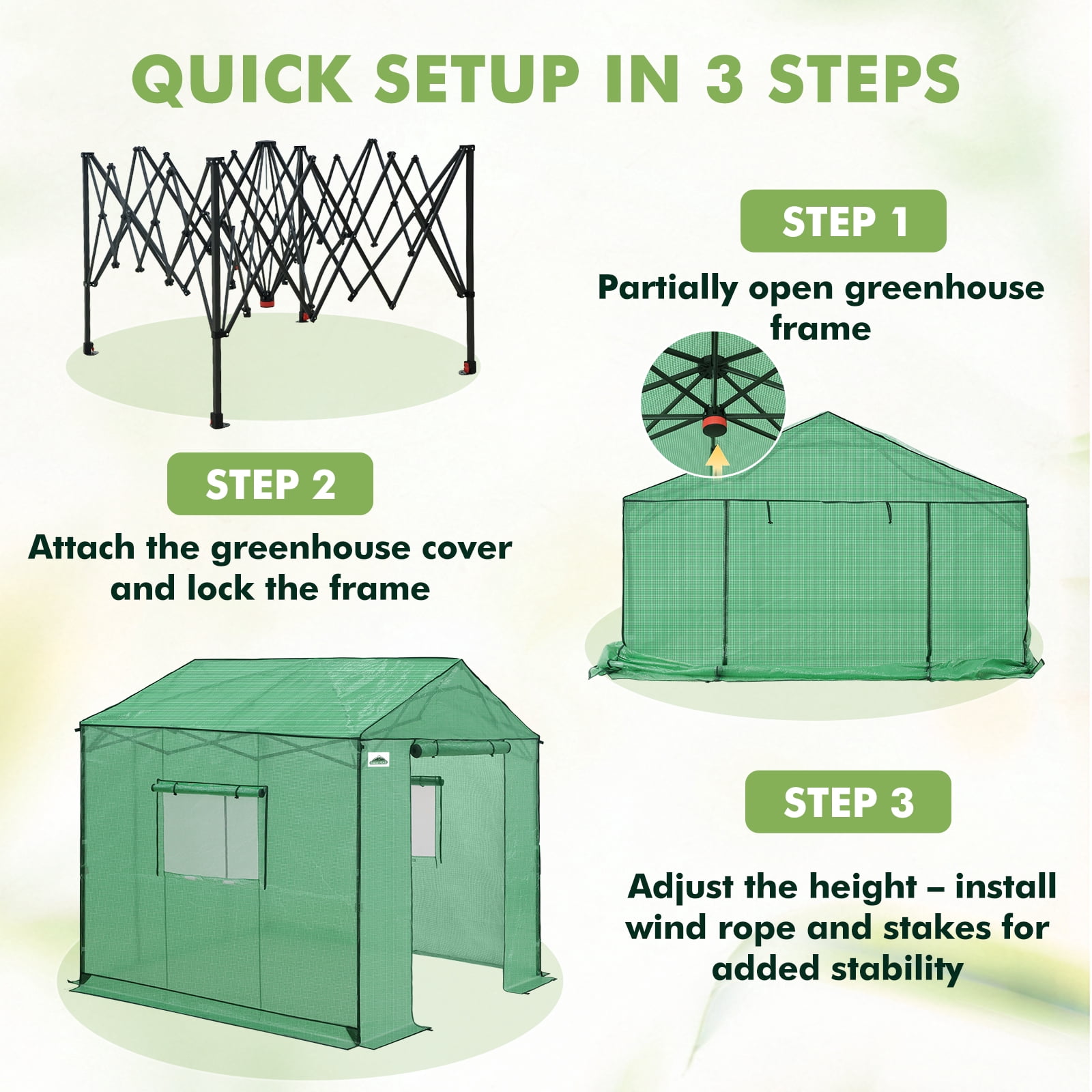 EAGLE PEAK 8x8 FT Portable Walk-in Greenhouse, Pop up Outdoor Green House with Power Access Openings, Green