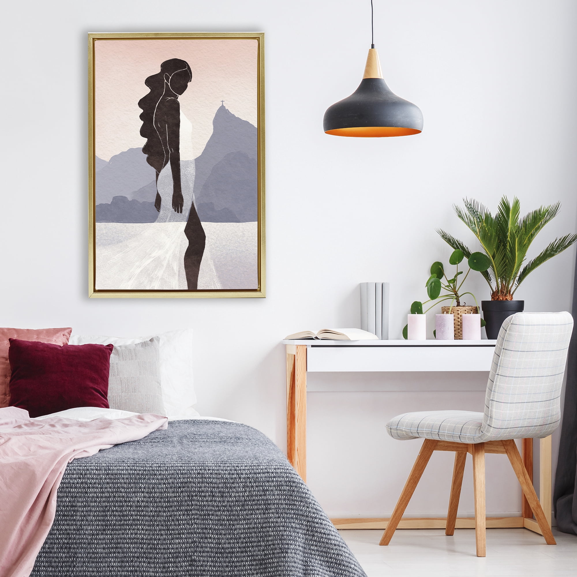 Stupell Industries Garota Silhouette Portrait Gold Framed Floater Canvas Wall Art, design by Yuyu Pont