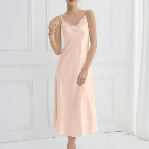 Aobny Lace Trim Women's Nightgown Silk Sleeveless Nightshirts Solid Long Spaghetti Strap Beige Loungewear,L