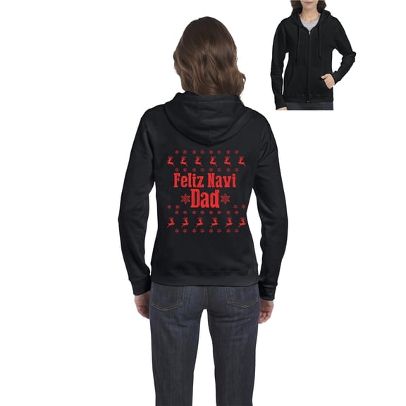MmF - Women's Sweatshirt Full-Zip Pullover - Feliz Navidad in Black