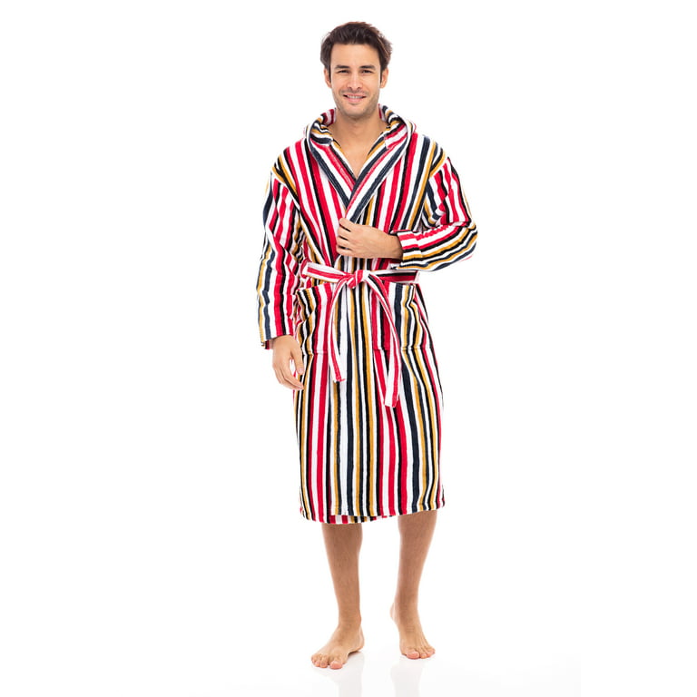 Men\'s Luxury Terry Cotton Hooded Bathrobe Spa Robe Bath Robes Stripes Red  XL
