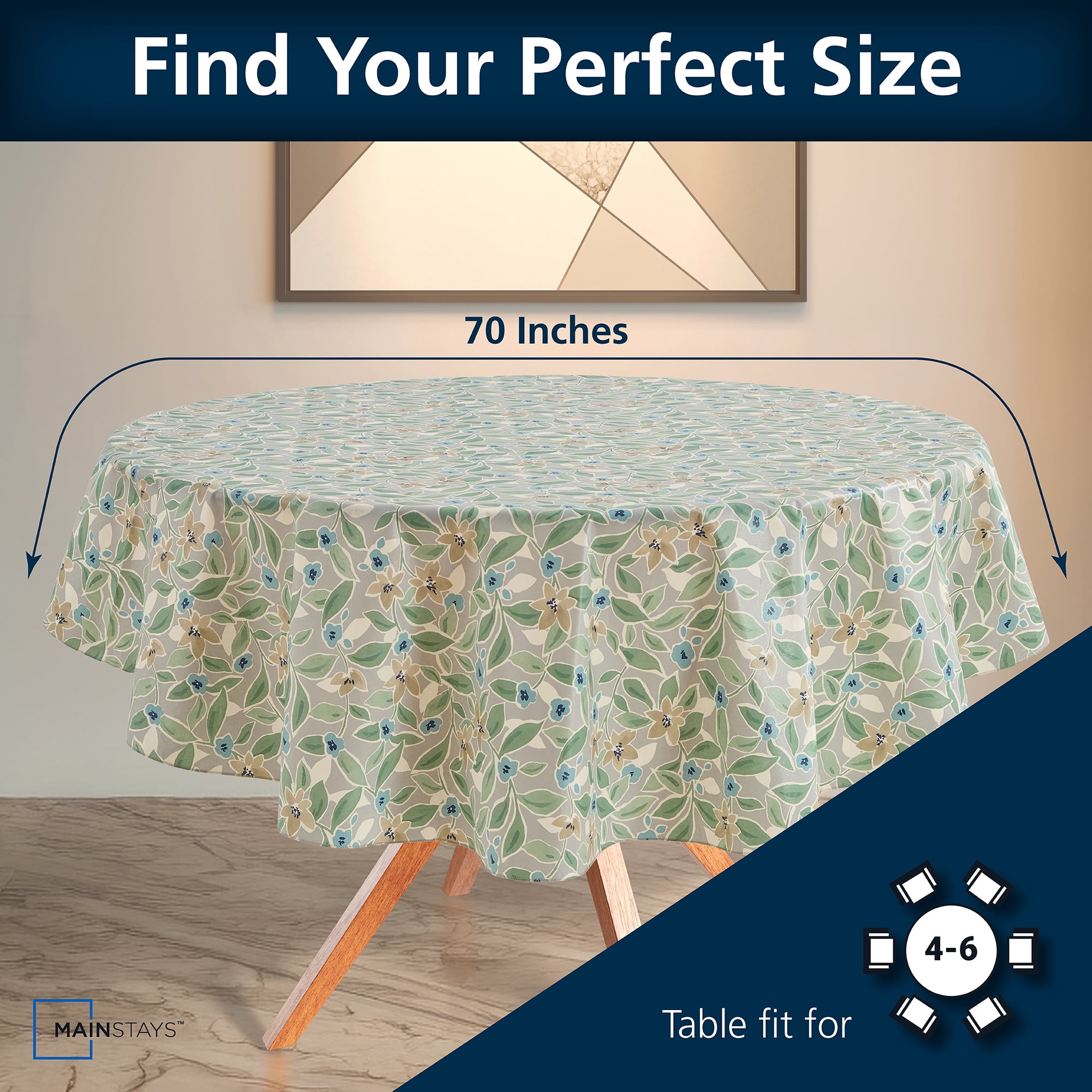 Mainstays PEVA Floral Tablecloth, Indoor & Outdoor Table Decoration 70" Round, Grey Floral
