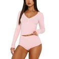 thumbnail image 2 of Womenacute;s Spring Summer Outfit Sets Long Sleeve Button Tops + Solid Color Low Waist Shorts, 2 of 8