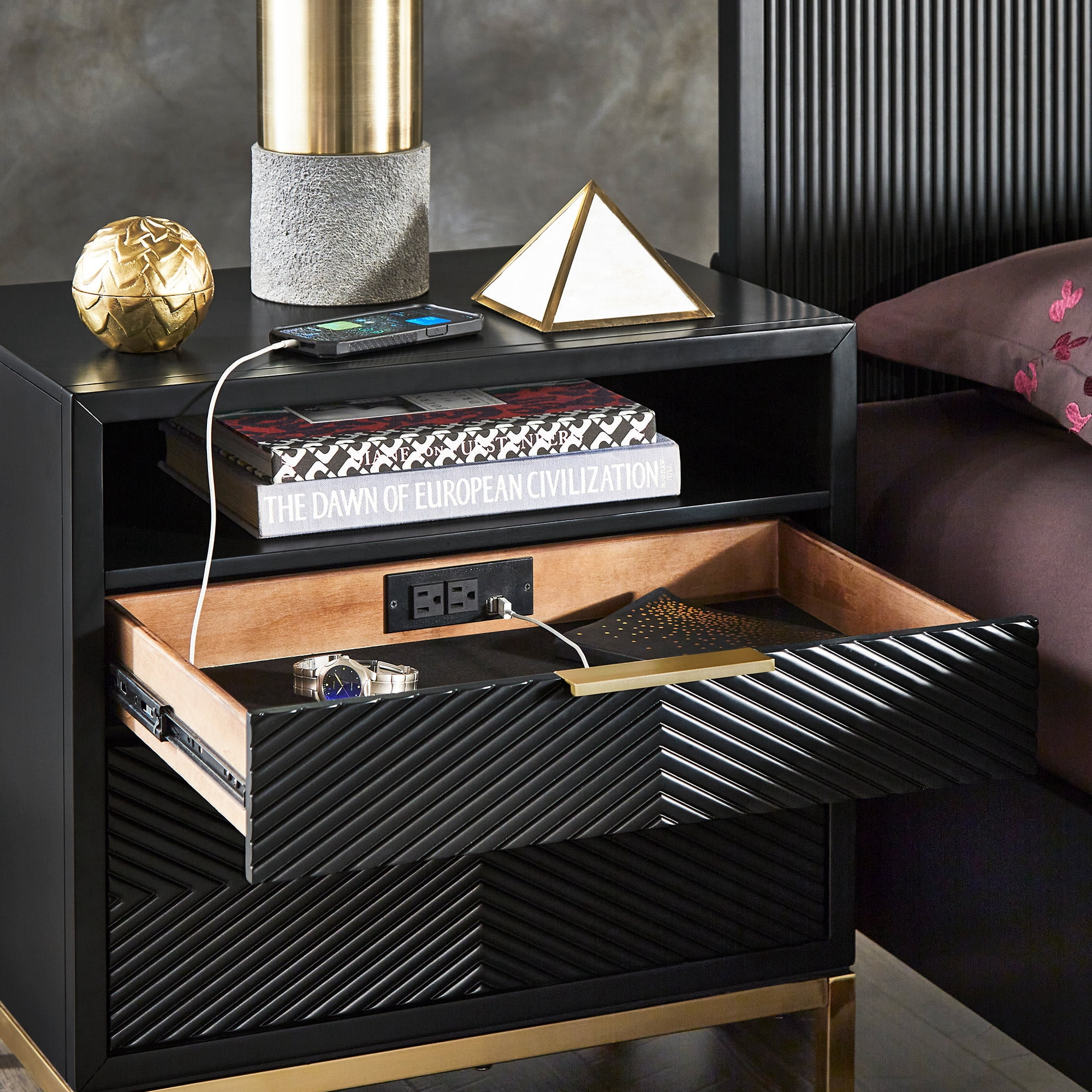 Weston Home Lena Modern Nightstand with 2 Drawers, Black/Gold