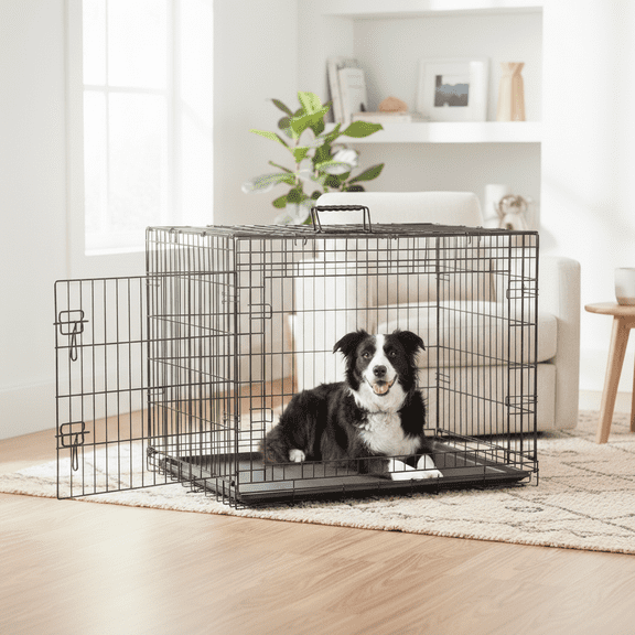 Atilioo Folding Pet Kennel, Double Door Metal Wire Dog Crate with Divider Panel, Leak-Proof Pan Tray, 36 inch