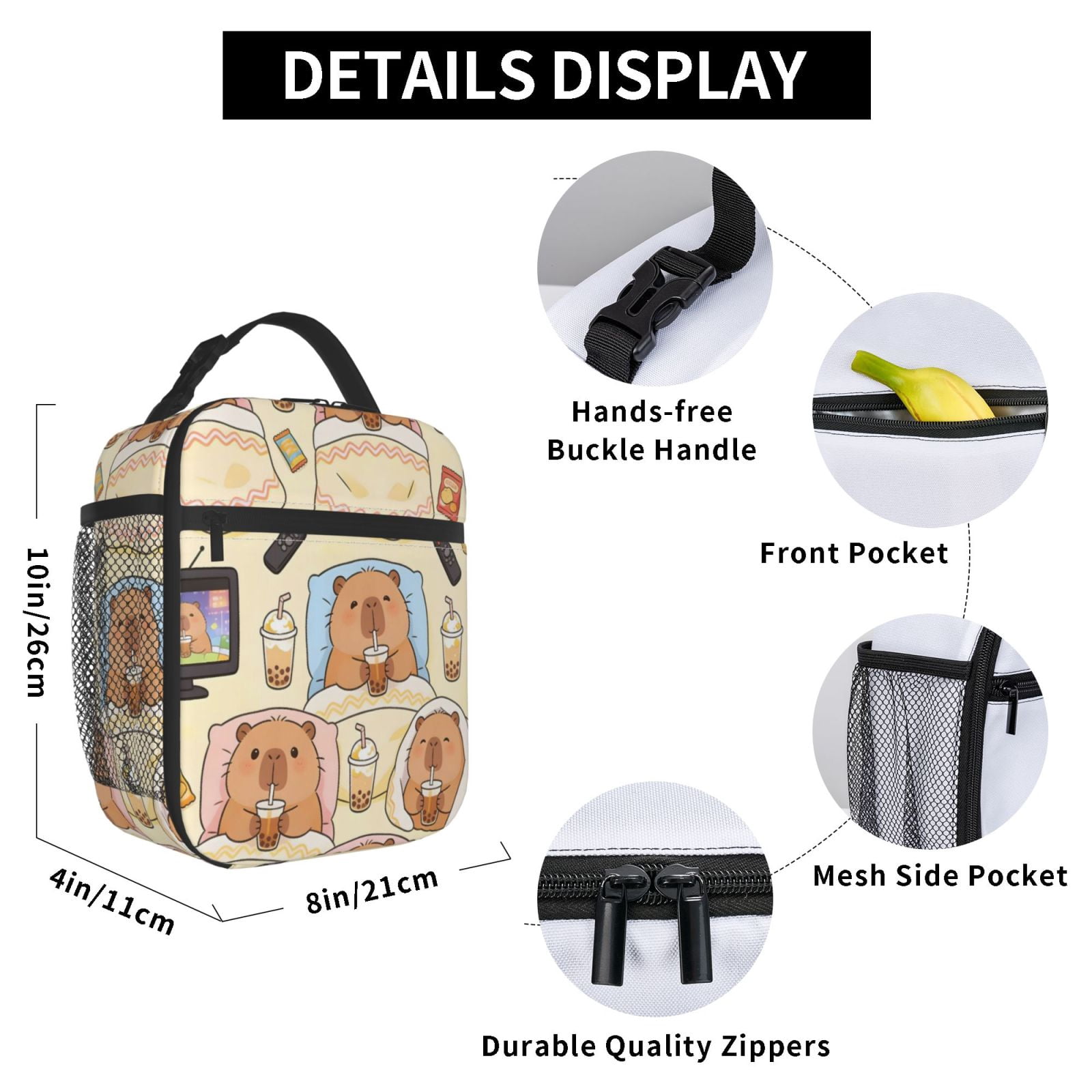 Lunch Bag For Women Men Insulated Portable Lunch Box Bento Box Office Picnic Travel Cooler Bag Capybara Drinking