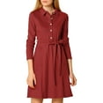 thumbnail image 3 of INSPIRE CHIC Women's Half Placket Long Sleeve Shirt Dress with Belt Red XL, 3 of 8
