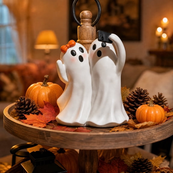 Halloween Couple Ghost Resin Statue, Selfie Ghost Figure for Tiered Tray Porch Home Decor, Spooky Fall Tabletop Ornament for Shelf Mantel
