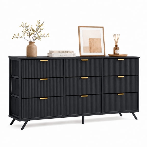 CONCETTA Modern Fluted Fabric Dresser, Wide Chest of Drawers with 9 Drawers for Bedroom Living Room Hallway, Black