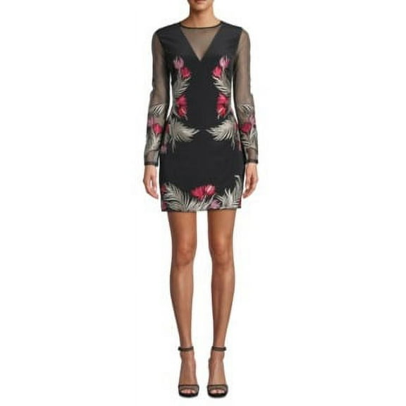 Nicole Miller Artelier BLACK MULTI Flower Embroidered Long Sleeve Dress, US 2