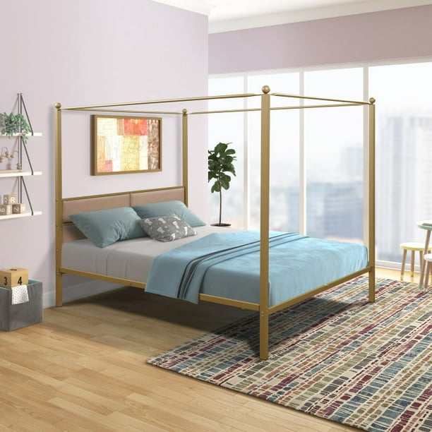 Yofe Upholstered Canopy Bed Frame, Brass Platform Bed Frame Queen