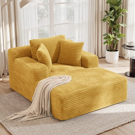 51'' Oversized Chaise Lounge Chair Indoor, Non-Assembly Deep Seat Sofa Bed Corduroy Sleeper Cloud Boneless Couch with 2pcs Pillows for Reading Living Room-Yellow