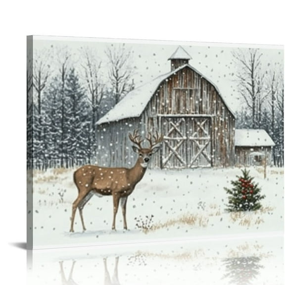 ARISTURING Winter Christmas Canvas Wall Art:Christmas Tree Forest Pictures Nature Painting Reindeer Prints Snowy Scene Xmas Holiday Decorations Rustic Barn Farmhouse Christmas Wall Decor 20x16in