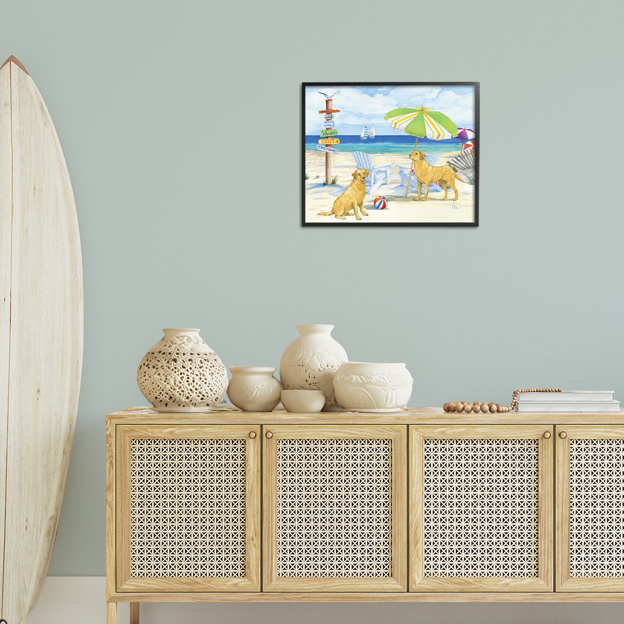 Stupell Industries Retriever Dogs at Beach Animals & Insects Painting Black Framed Art Print Wall Art, 20 x 16