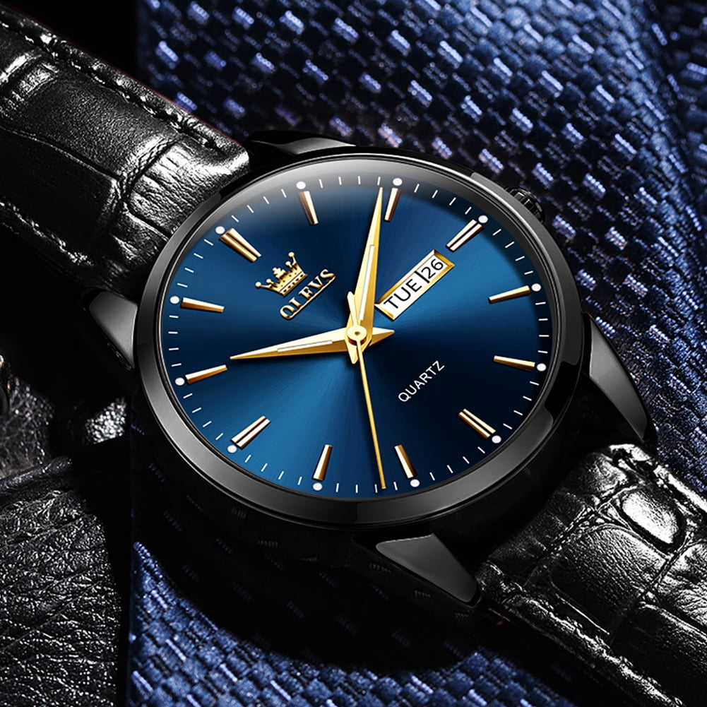 OLEVS Mens Watches,Black Leather Watch for Men,Analog Quartz Fashion Business Dress Watch Luminous Waterproof Casual Male Wrist Watches Reloj para Hombre Blue Dial
