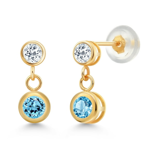 Gem Stone King 14k Yellow Gold Swiss Blue Topaz and White Topaz Two Stone Dangle Earrings for Women (0.99 Cttw, Gemstone November Birthstone, Round 4MM, Round 3MM)