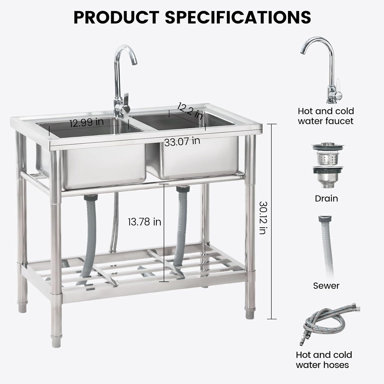 Stainless Steel Utility Sink, with Faucet, Legs, Cold and Hot Water Pipe, Heavy-Duty, Easy to Clean, for Laundry, Kitchen, Garage, Outdoor, Garden