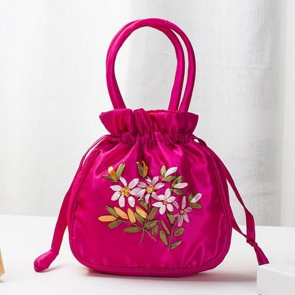 Embroidered Flower Small Bucket Bag Handmade Cosmetic Handbag Women GXY P1X5