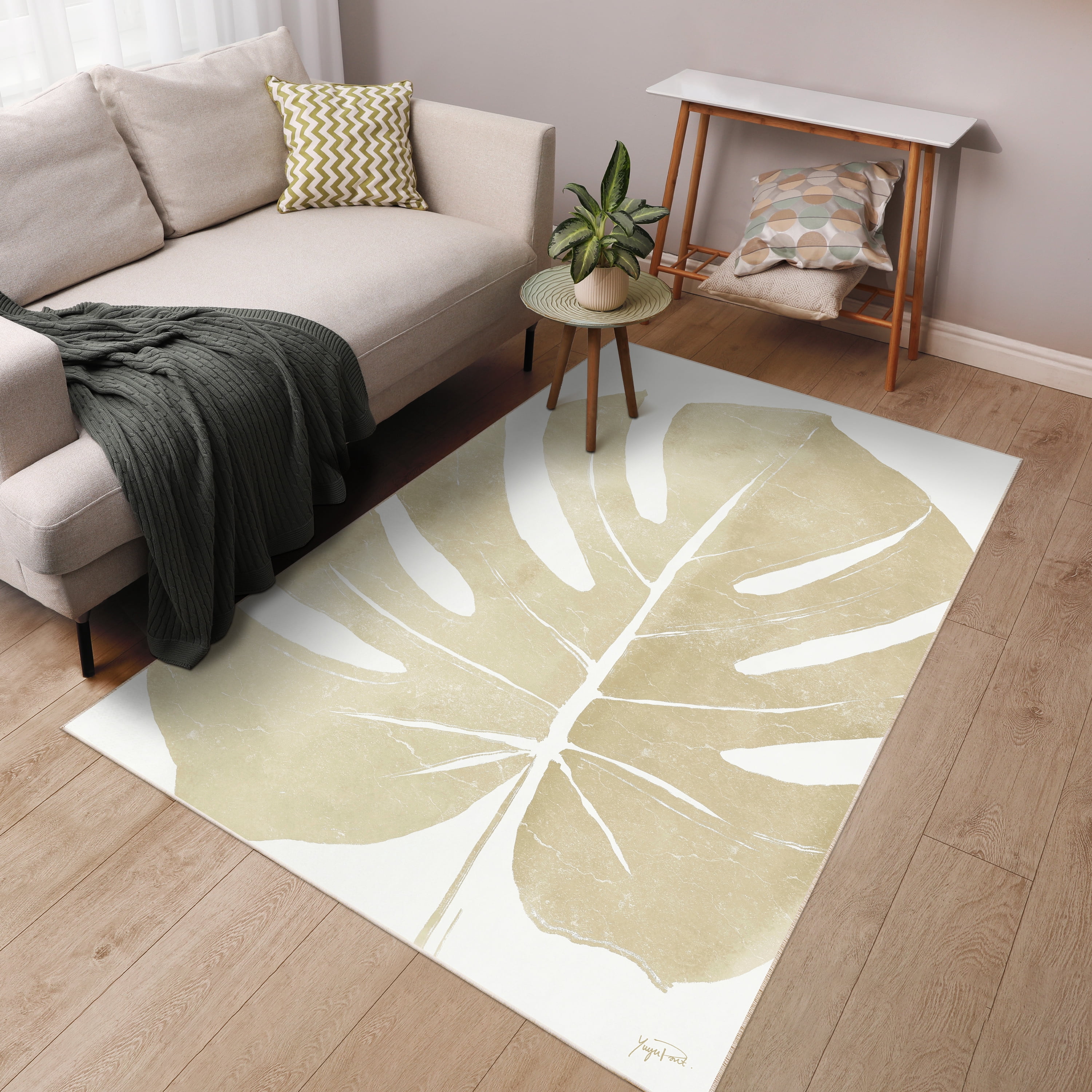 Neutral Tropico No. I Washable Leaf Art Area Rug size 5'x8', Power-loomed, Heavenly Softness with Non-Slipping Backing