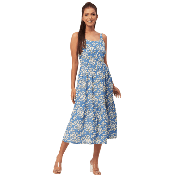 Moomaya Women's Printed Sleeveless Chic Dress, Square Neck, Strap Midi Dress