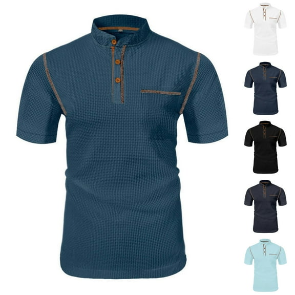 Ashirexll Mens Shirts Casual, Summer Shirts for Men, Summer Fashion Short Sleeve Standing Collar Button T-Shirts with Pocket