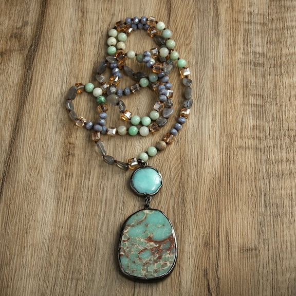 Bohemian Vintage style Natural Shoushan Stone with Glass Pendant Necklaces Oval 33.86~34.65 inch(86~88cm)