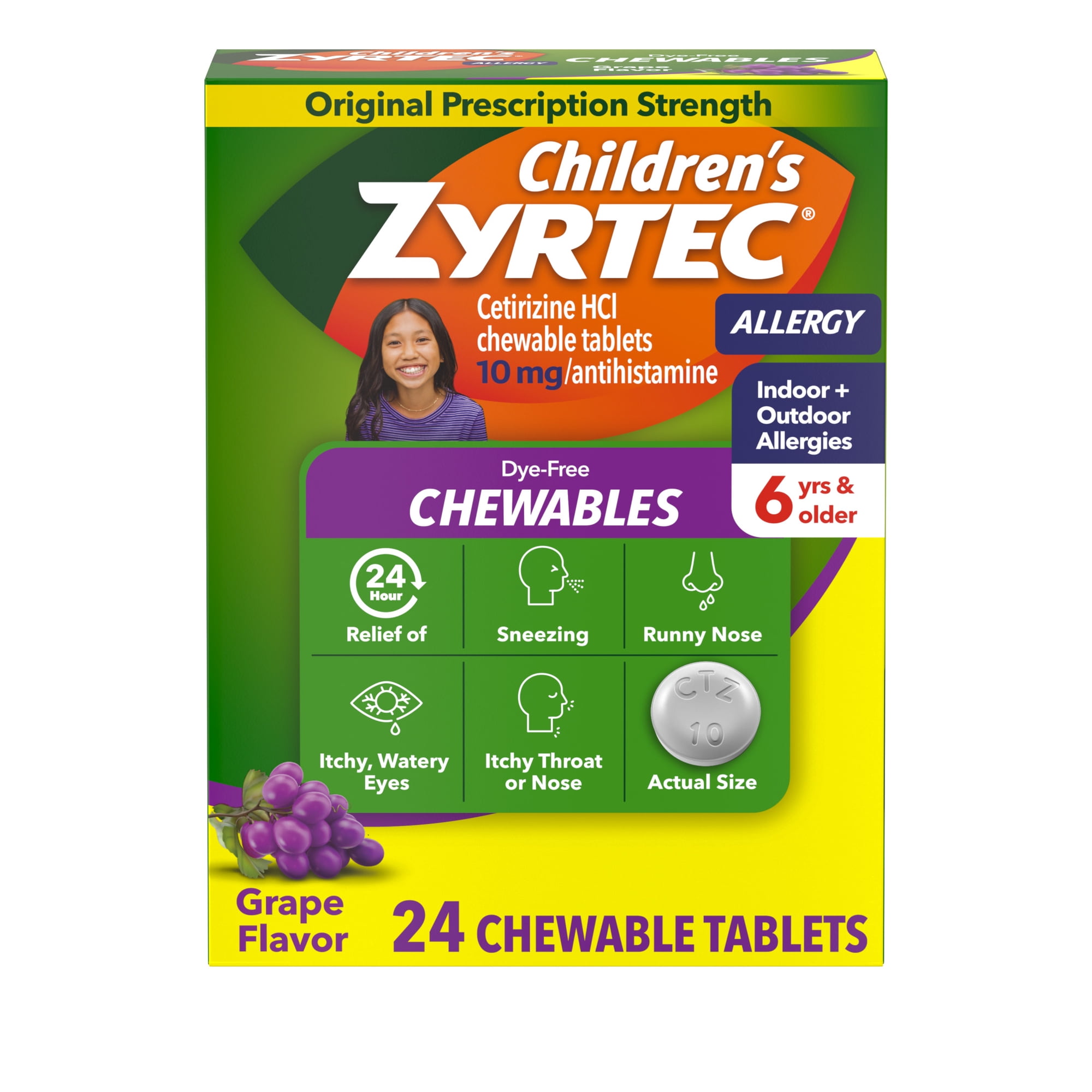 Children's Zyrtec 24 Hr 10 mg Allergy Chews for Ages 6+, Grape, 24 Count